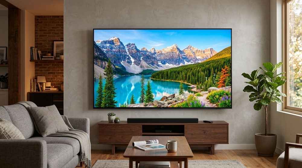 Smart TV na parede da sala exibindo imagem de paisagem.