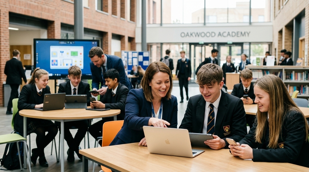 Alunos de uniforme escolar usam laptops e smartphones na Oakwood Academy com uma professora sorridente.