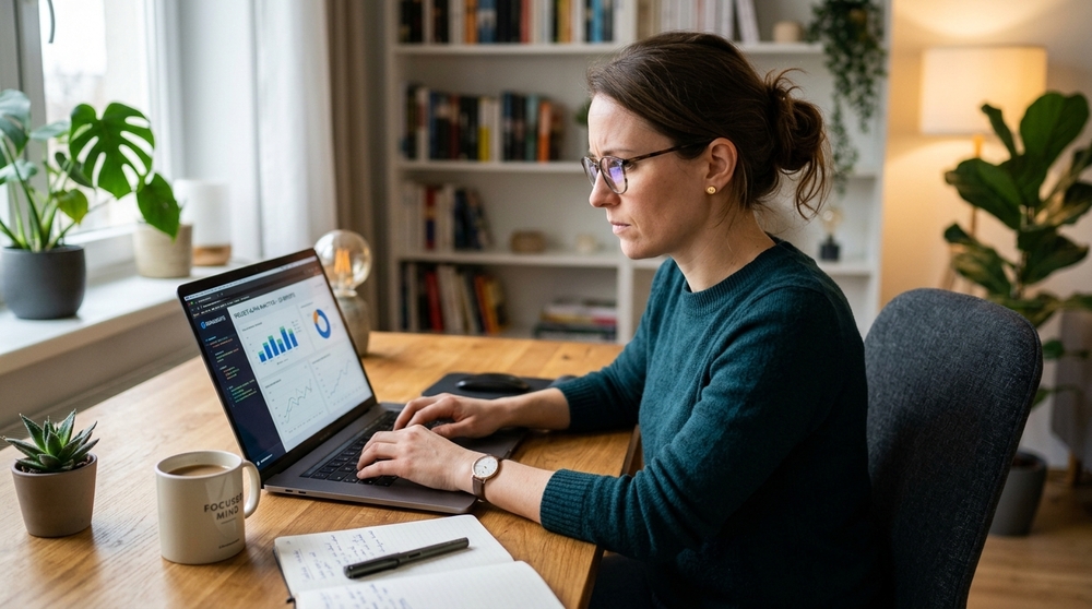 Mulher de óculos trabalhando concentrada em home office, analisando gráficos e relatórios na tela do notebook em uma mesa de madeira.