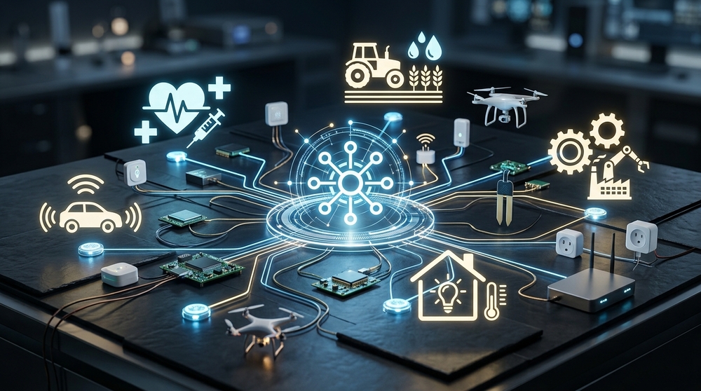 Representação conceitual de rede IoT conectando ícones iluminados de agricultura, saúde, indústria, carros e casas inteligentes.