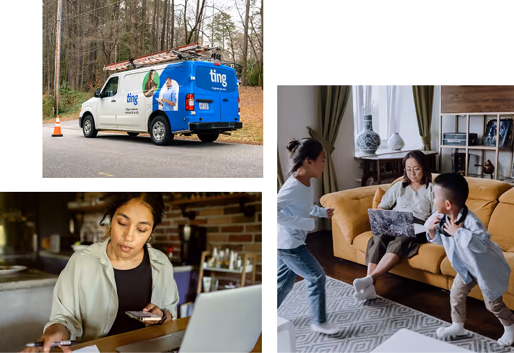 Collage of three images: a white and blue Ting service van parked on a street near trees, a woman working on a laptop with a phone and pen at a table in a kitchen or cafe setting, and an Asian woman sitting on a couch working on a laptop with two children playing nearby in a living room.