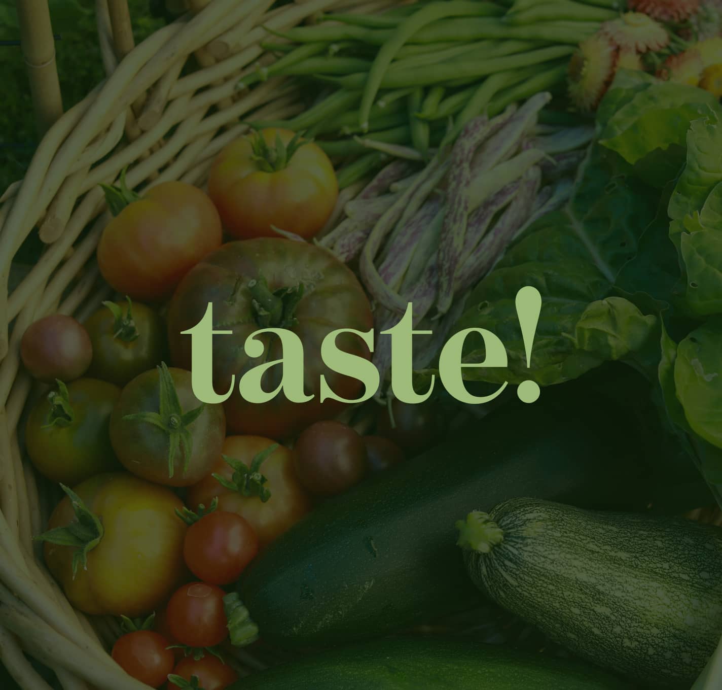 Taste Community Grown logo over an image of vegetables in a basket