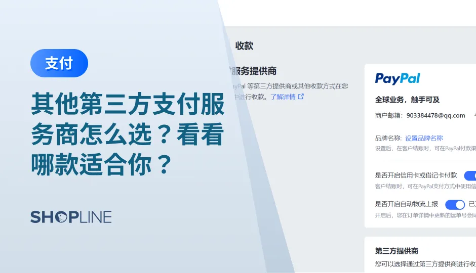 第三方支付服务商的选择对于独立站卖家而言十分重要。第三方支付指一些和产品所在国家以及银行签约并具备一定信誉保障的第三方独立机构提供的交易支持平台。SHOPLINE目前已上线多家第三方支付服务商，助力卖家提供多种支付方式。注意，卖家需要了解当地的使用习惯选择合适的支付。