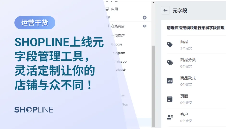 SHOPLINE上线的元子段管理工具，极大地提升店铺装修的灵活度、拓展性和可定制能力。帮助跨境电商卖家实现自主拓展字段，灵活定制商品详情页、通过简单代码定制实现个性化功能需求，如商品秒速实现TAB切换、添加相关材料下载区以及添加相关商品推荐区等。