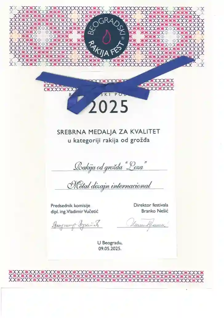 Rakija fest 2025 SREBRNA MEDALJA ZA KVALITET
u kategoriji rakija od grozdja
Rakija od grozdja "Loza"