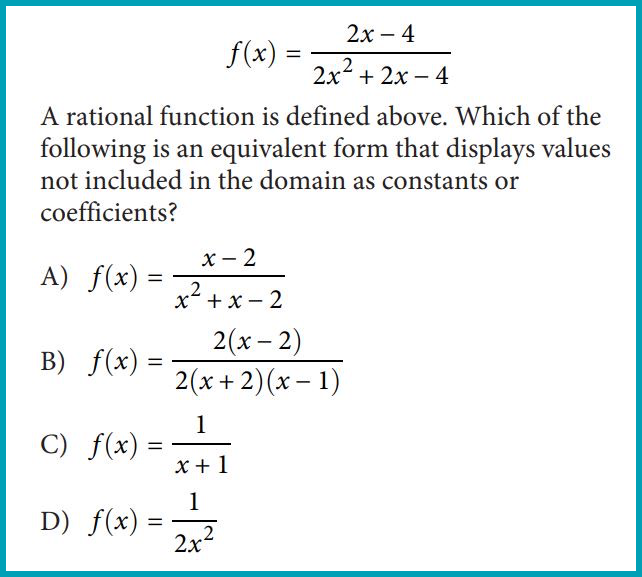 PSAT Math section sample question about simplifying and rewriting rational expressions