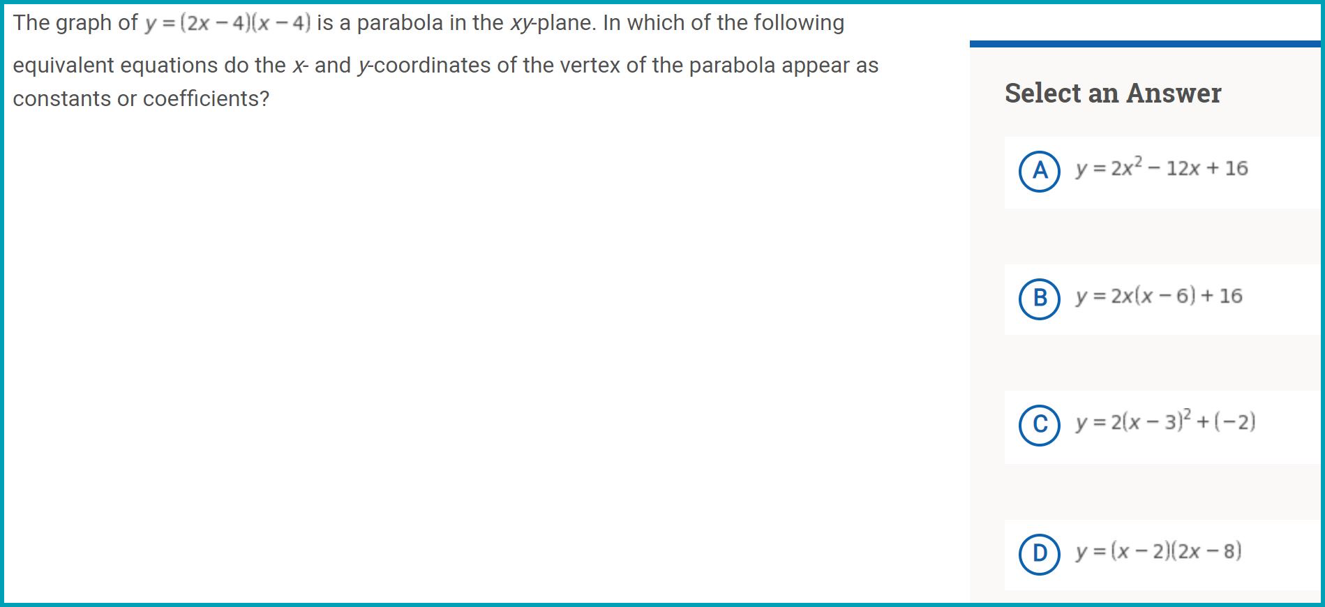 PSAT Math section sample question for converting equations