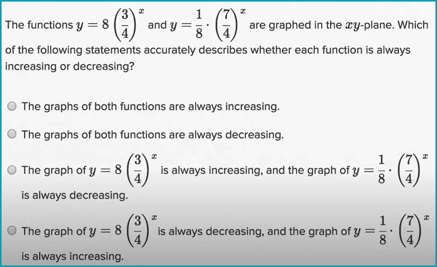 PSAT Math section sample question about nonlinear relationship between two variables