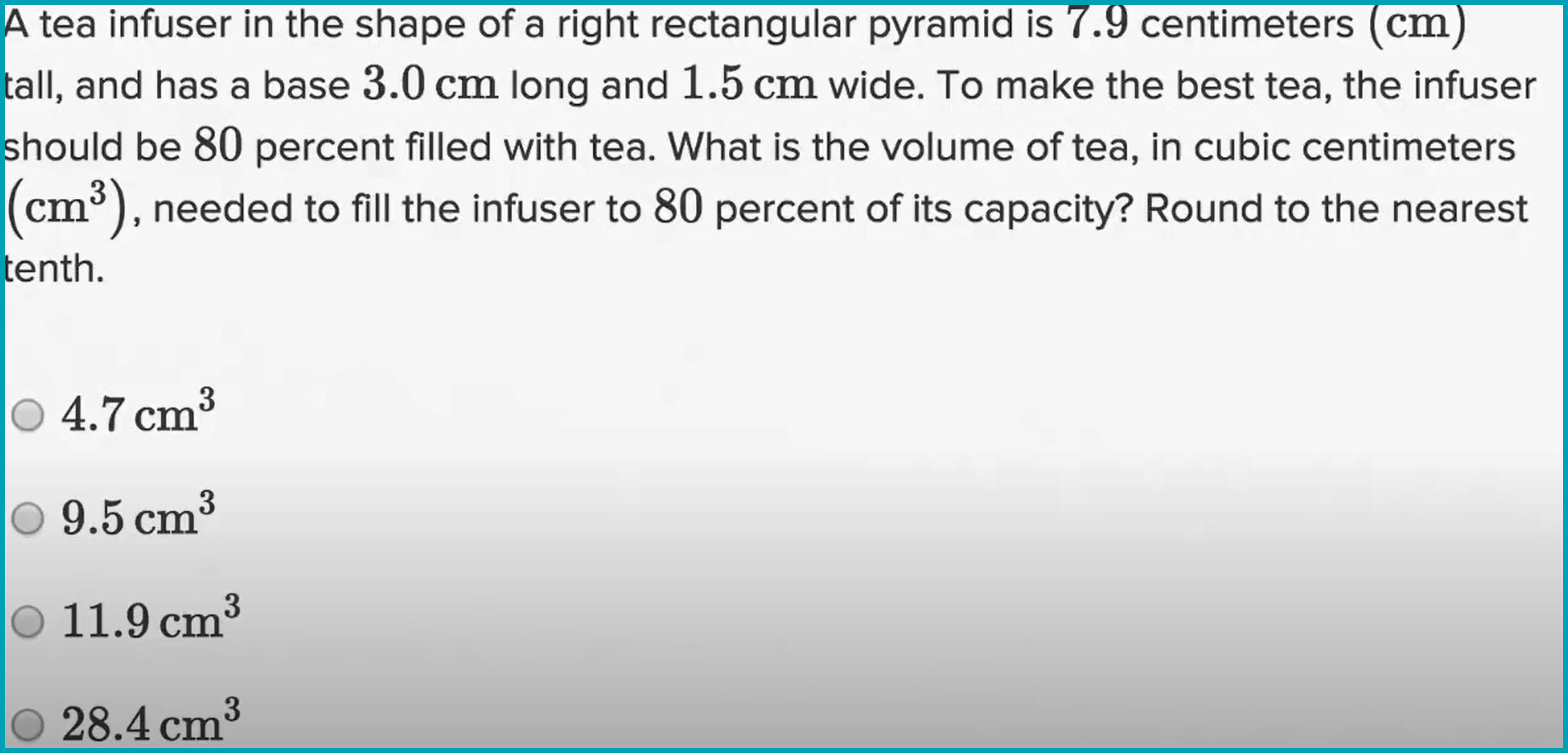 PSAT Math section sample question about problems using volume formulas