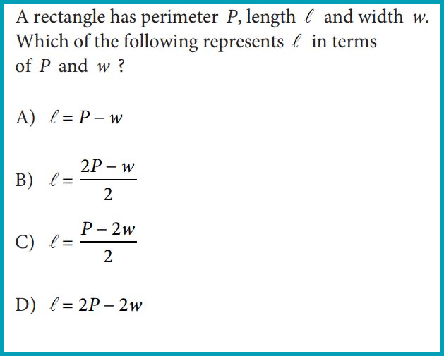 PSAT Math section sample question about rearranging equation to determine desired variable