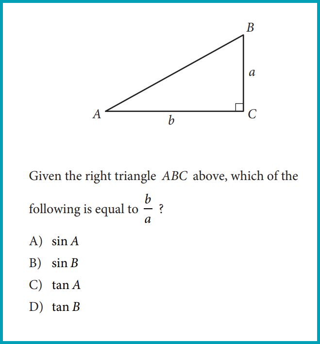 PSAT Math section sample question about Trigonometric ratios and Pythagorean theorem