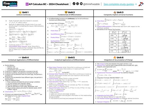 AP Calculus BC Cheatsheet 2024 — All Units | Fiveable • Test Prep ...