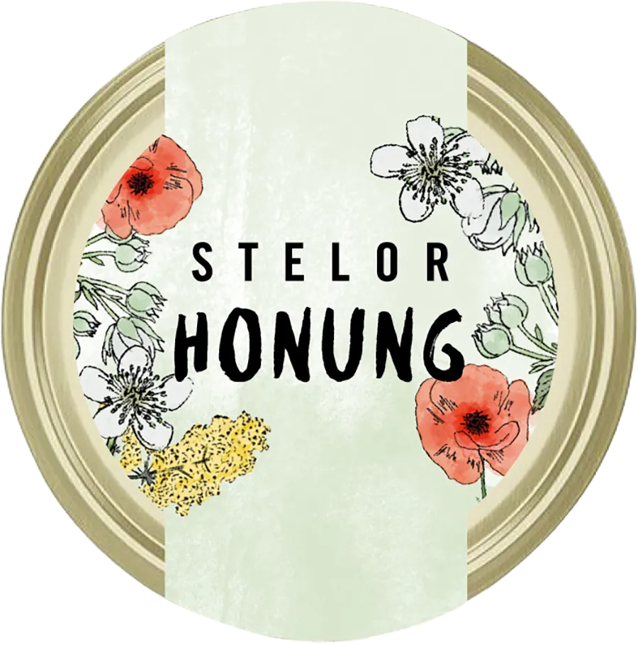 A metal lid for a glass jar with packaging design saying Stelor Honey. 
