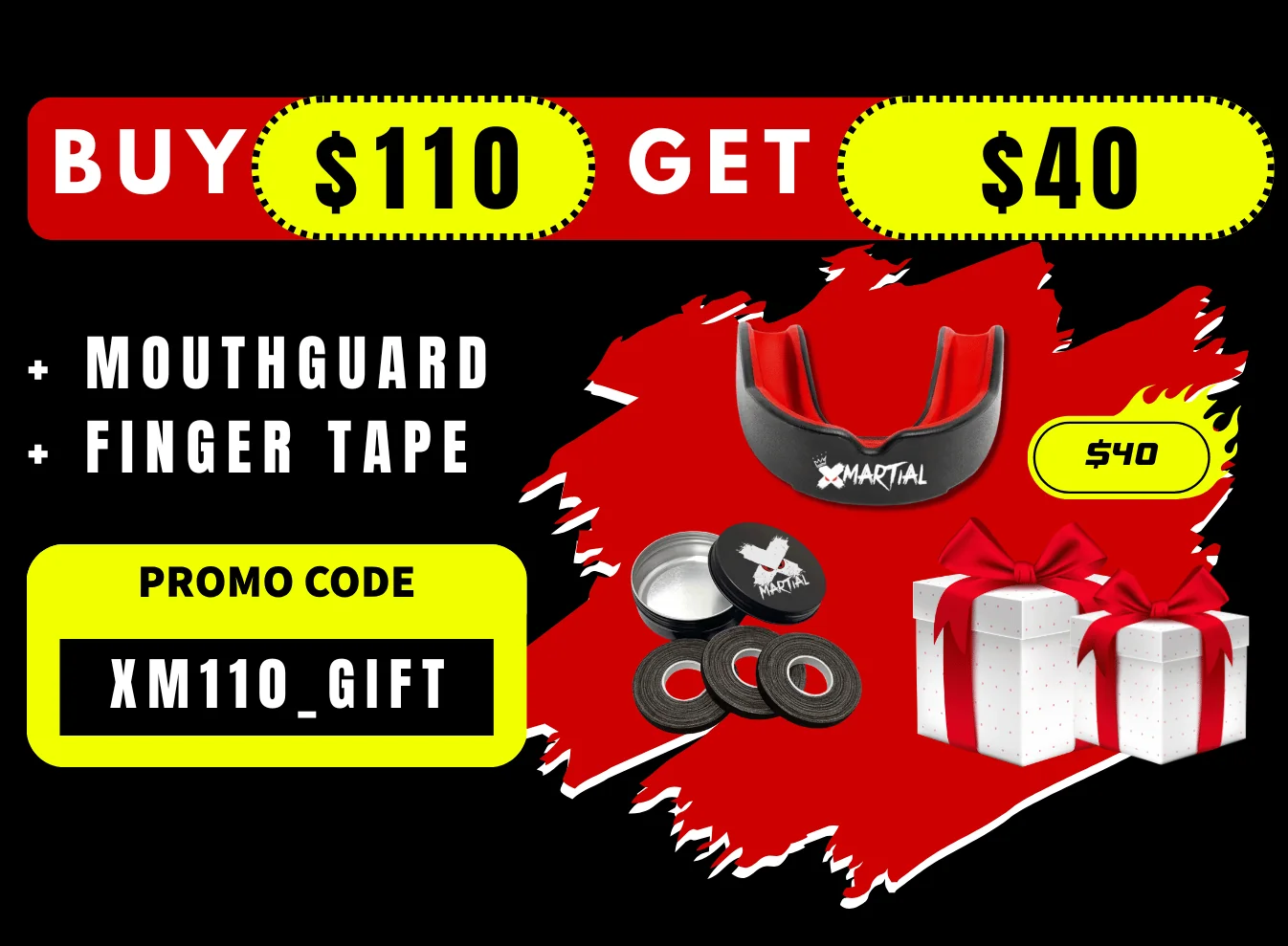 XMartial Mouthguard, BJJ finger tape, and mystery box promo.