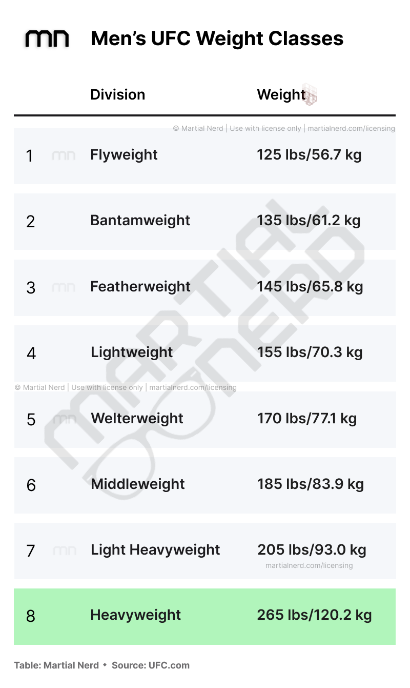 The Men's Heavyweight Division highlighted in the Men's UFC Weight Classes chart. Heavyweight fighters weigh in at less than 265 pounds
