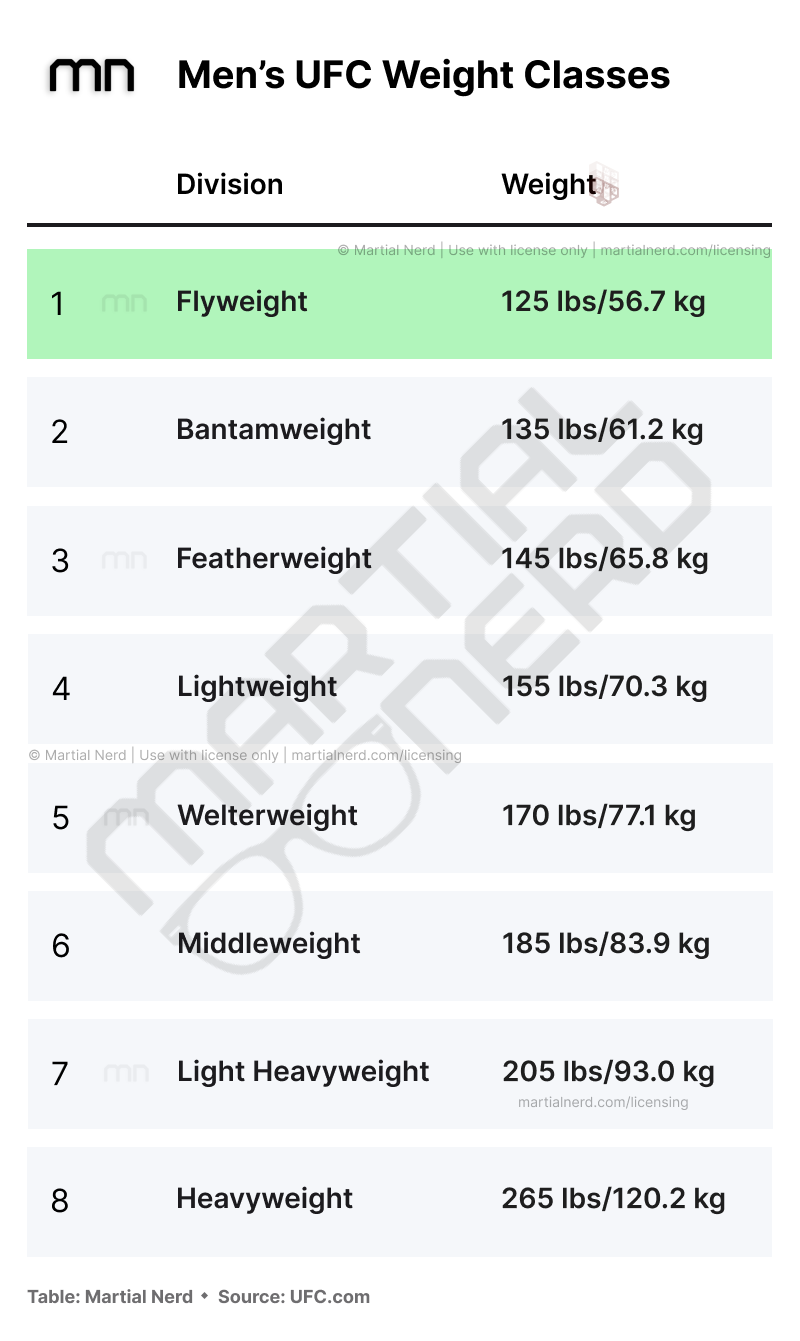 The Men's Flyweight Division highlighted in the Men's UFC Weight Classes chart. Flyweight fighters weigh in at less than 125 pounds.