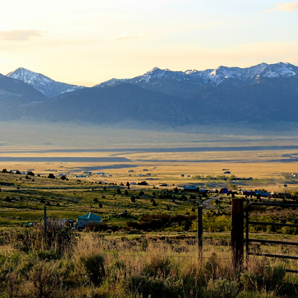 Rural valley landscape with scattered houses, a winding road, grassy fields, and snow-capped mountains under a partly cloudy sky.