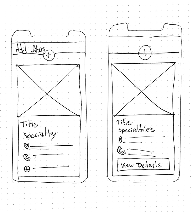 Sketch of mobile wireframes for Keck Medicine location search feature