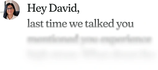 Portrait of a smiling woman with glasses and dark hair against a neutral background, next to partially blurred text starting with 'last time we talked you'.