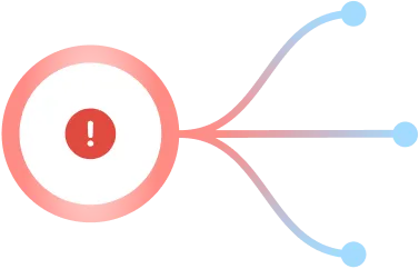 Red exclamation mark inside a white circle with three curved branching lines extending to the right, each ending in a small blue dot.
