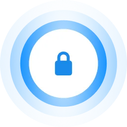 Blue padlock icon centered inside concentric blue circular rings.
