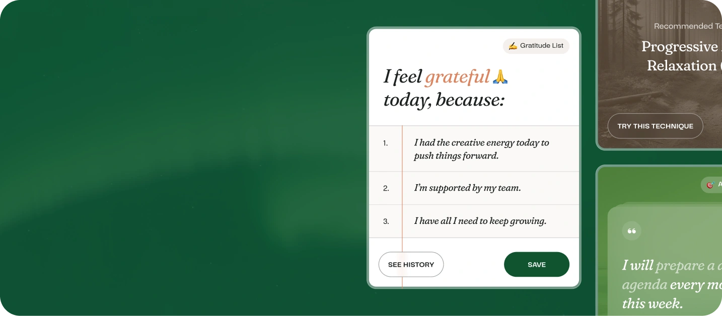 Digital gratitude list with reasons: creative energy to push things forward, team support, and having all needed to keep growing, with buttons to see history and save.