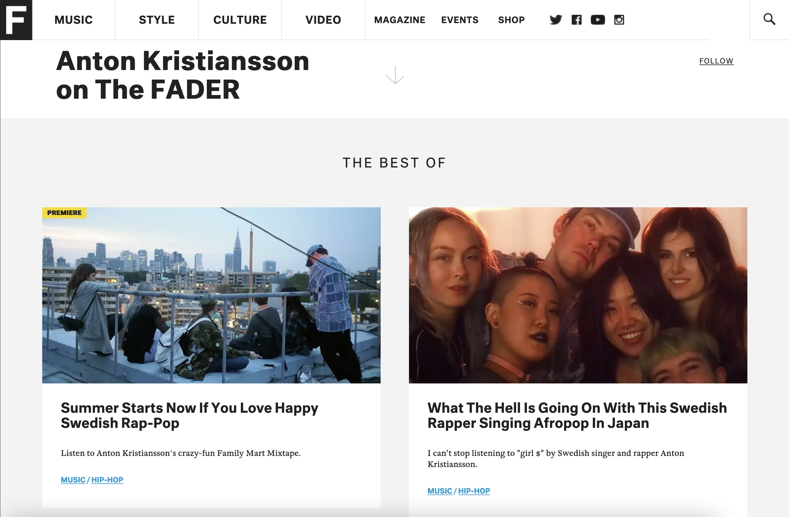 Print screens of featured content from The Fader.