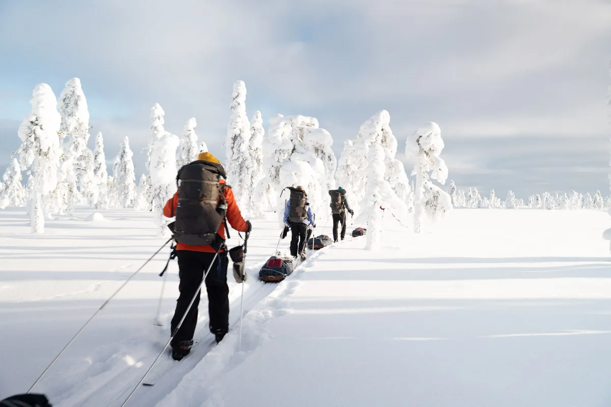 Mädchen auf Skiern mit einem Schlitten vor einem mit Schnee bedeckten Baum.