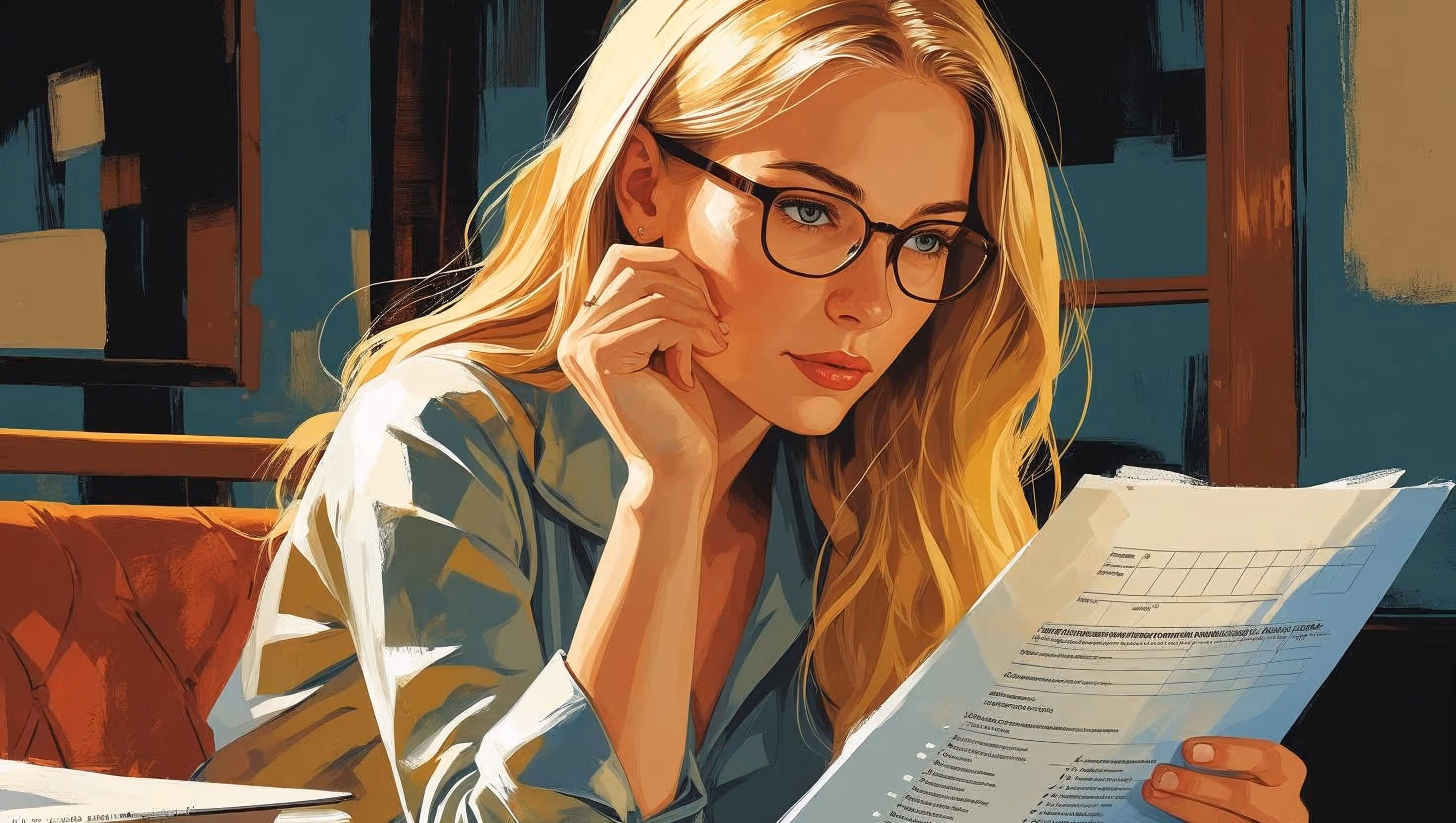 Femme slave blonde élégante avec lunettes remplissant un questionnaire de compatibilité dans une agence matrimoniale haut de gamme