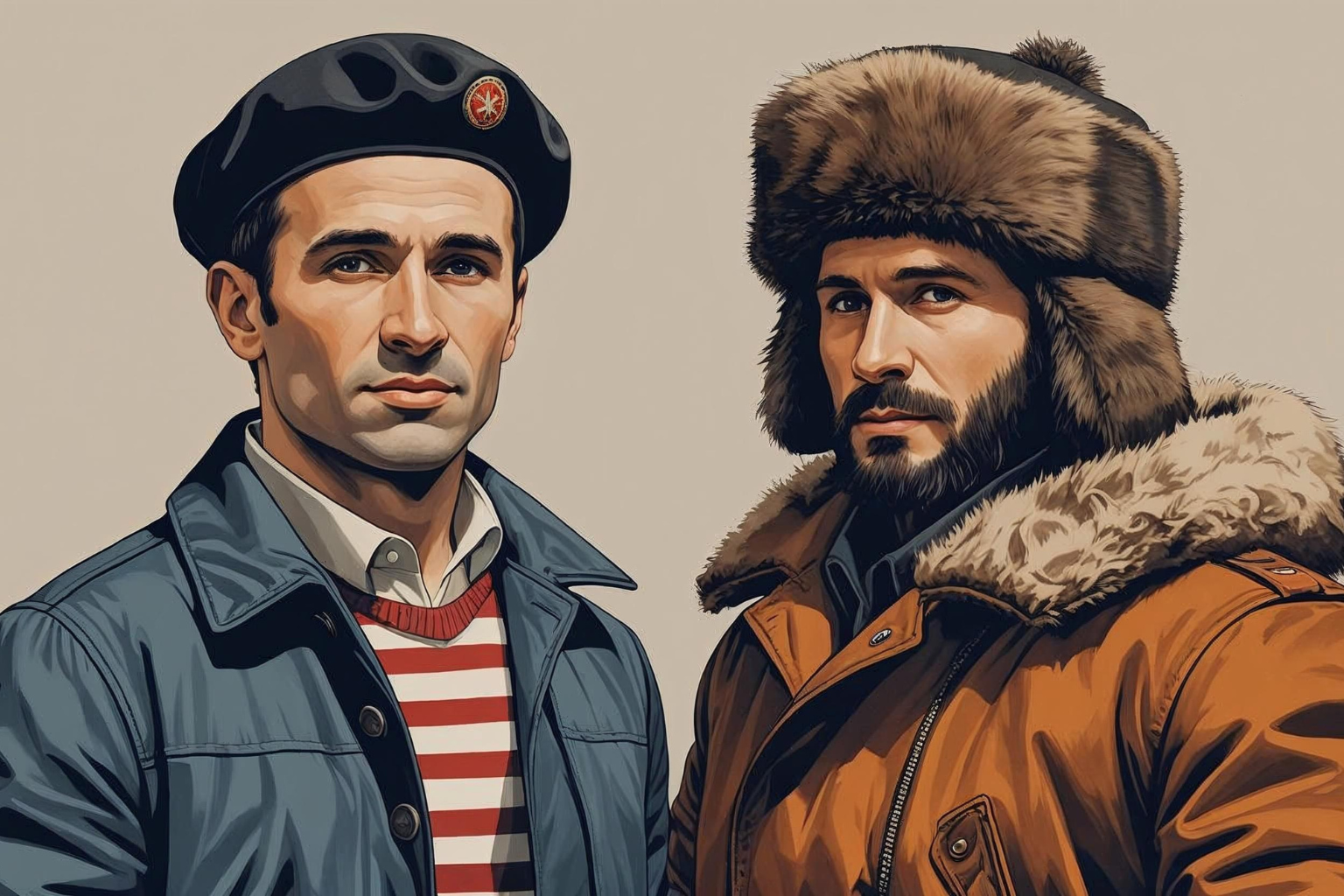 Изображение двух мужчин типичный стереотип француза в берете и тельняшке