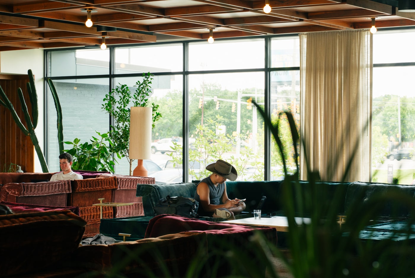 Modern hotel lobby lounge with velvet sofas, large windows, and lush indoor plants