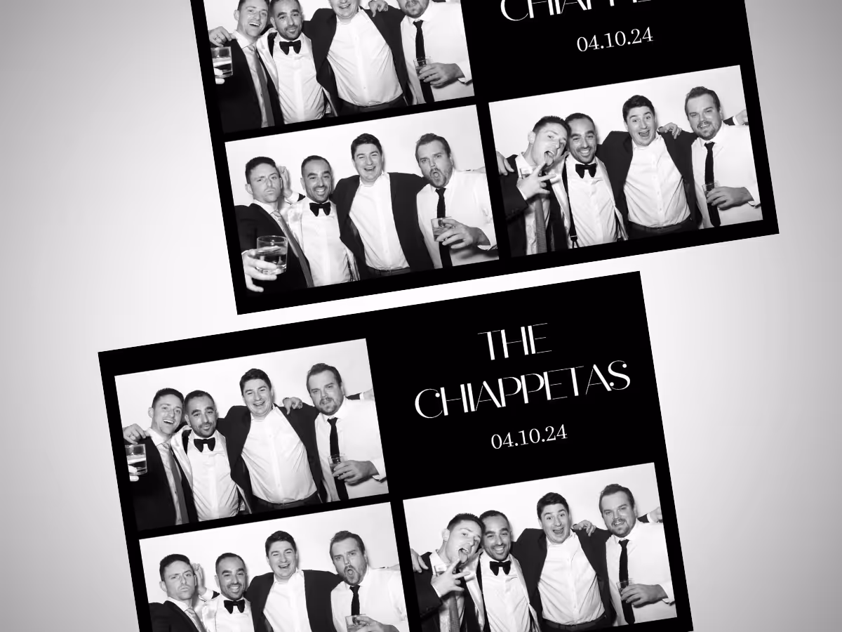 Two photo booth strips with black and white pictures of four men in suits and ties, smiling and posing together, with text reading 'The Chiappetas' and the date '04.10.24'.