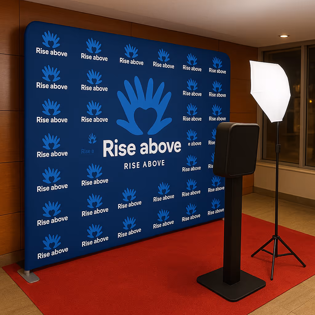 Photo booth setup with a blue backdrop featuring repeated 'Rise above' logos, a black podium, and a lighting umbrella on a red carpet.