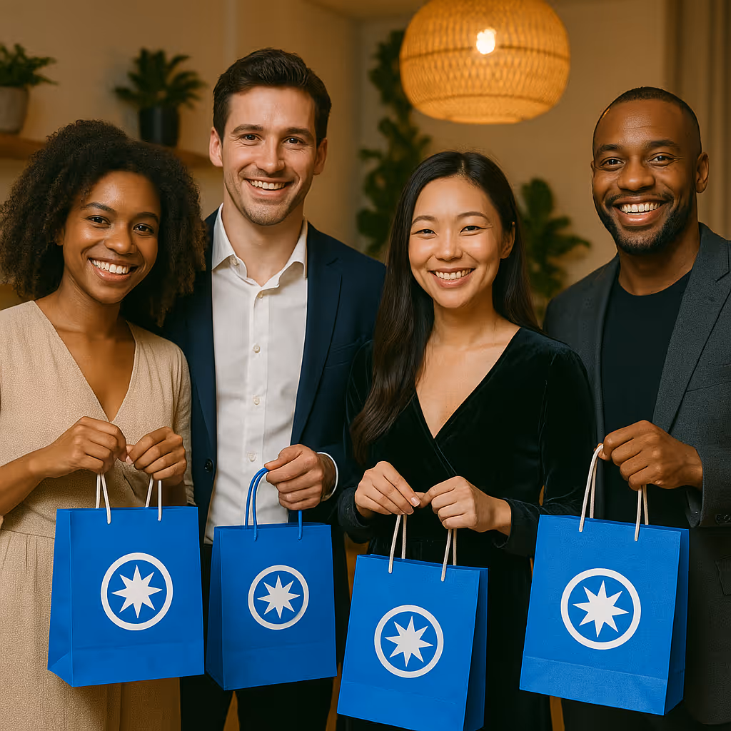 Four smiling individuals dressed in semi-formal attire holding blue branded gift bags, standing together at an event.