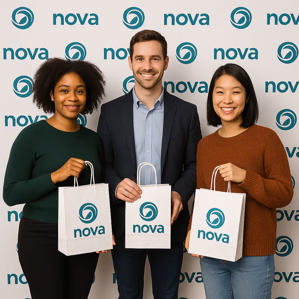 Three smiling diverse people holding white shopping bags with the Nova logo in front of a Nova logo backdrop.