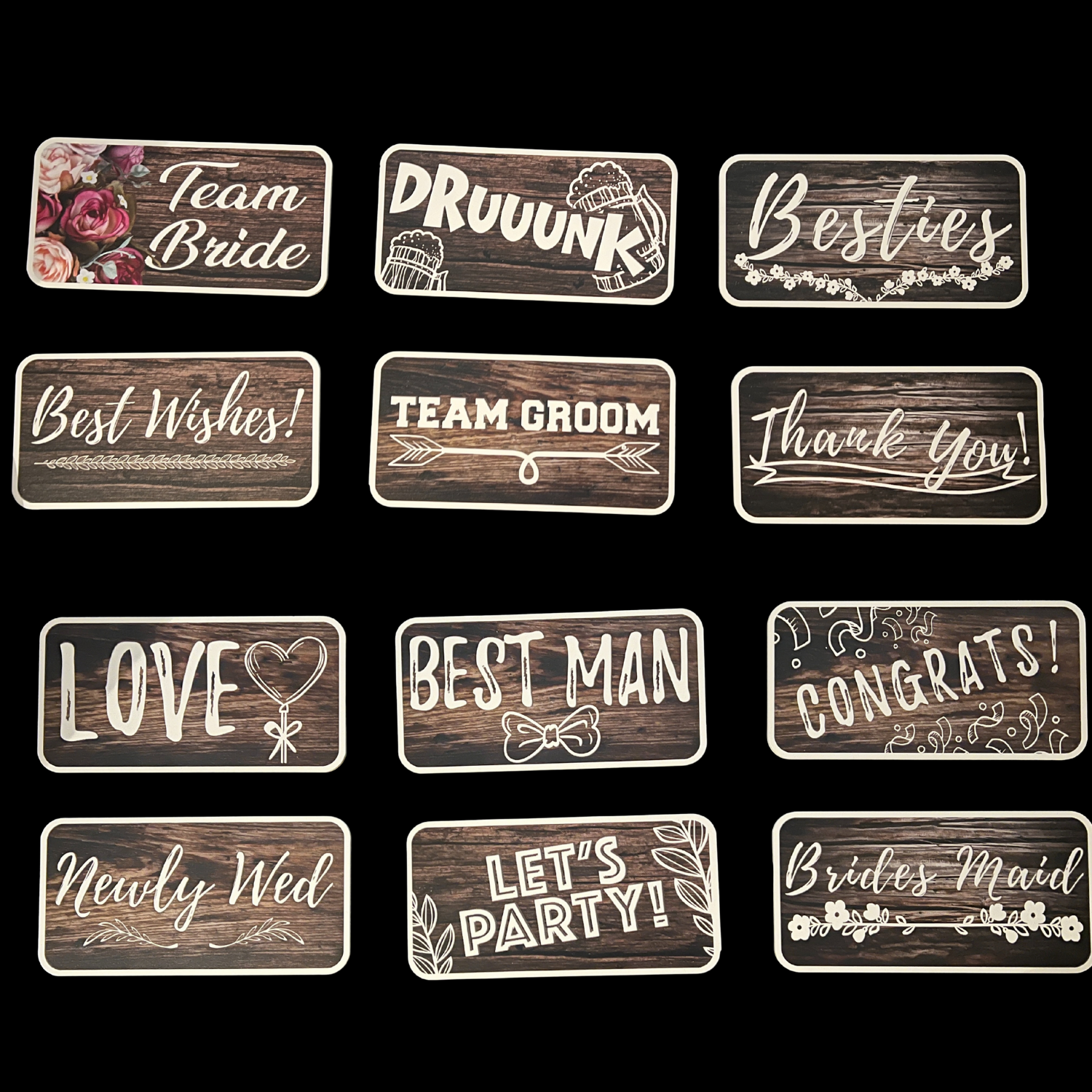 Minimal white 2x6 wedding photo booth strip with three gold-bordered images, floral line illustration, names Camille and Brock in script, and date September 07, 2024