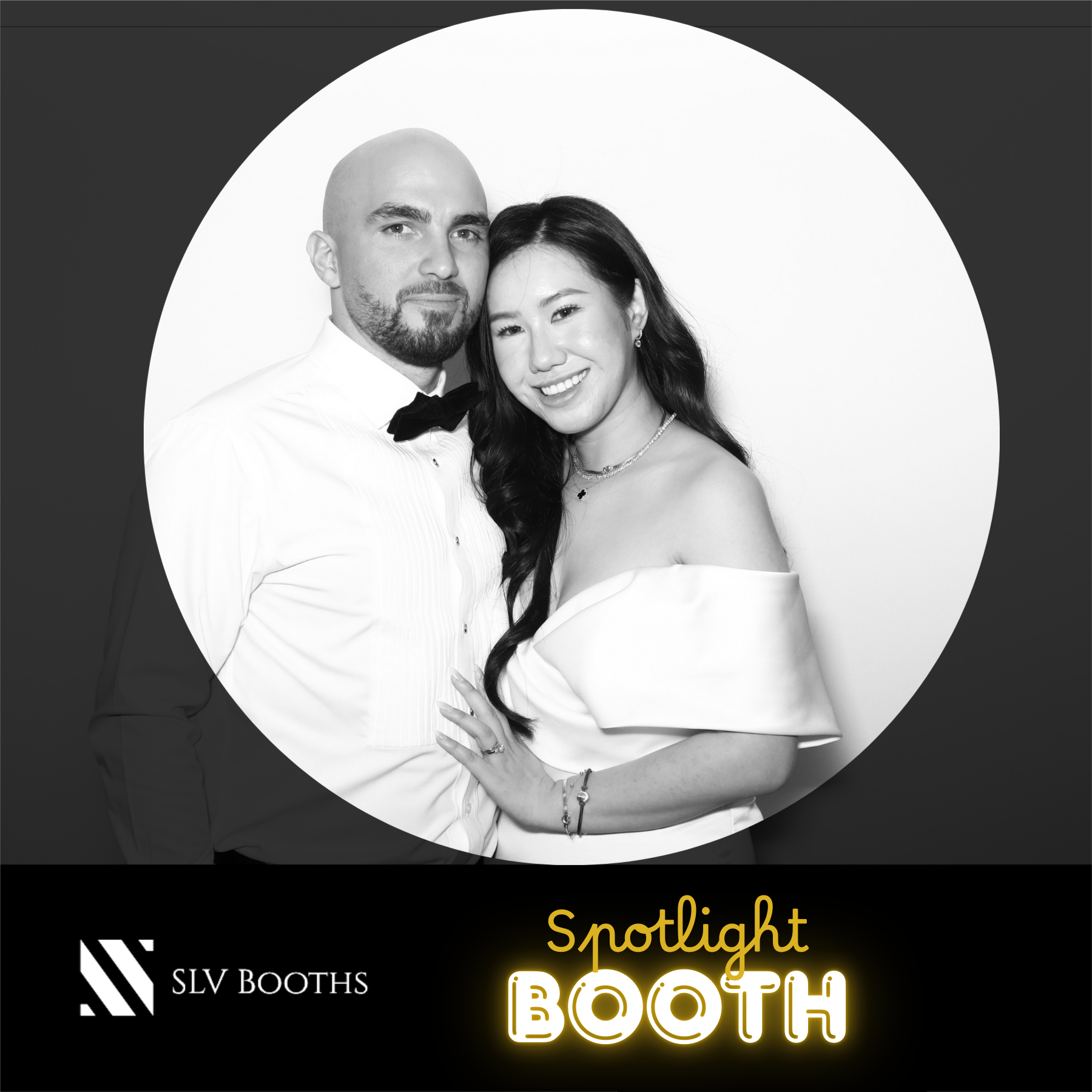 "Open wedding photo album displayed on a decorated table, showing multiple photos of couples and guests at a reception"