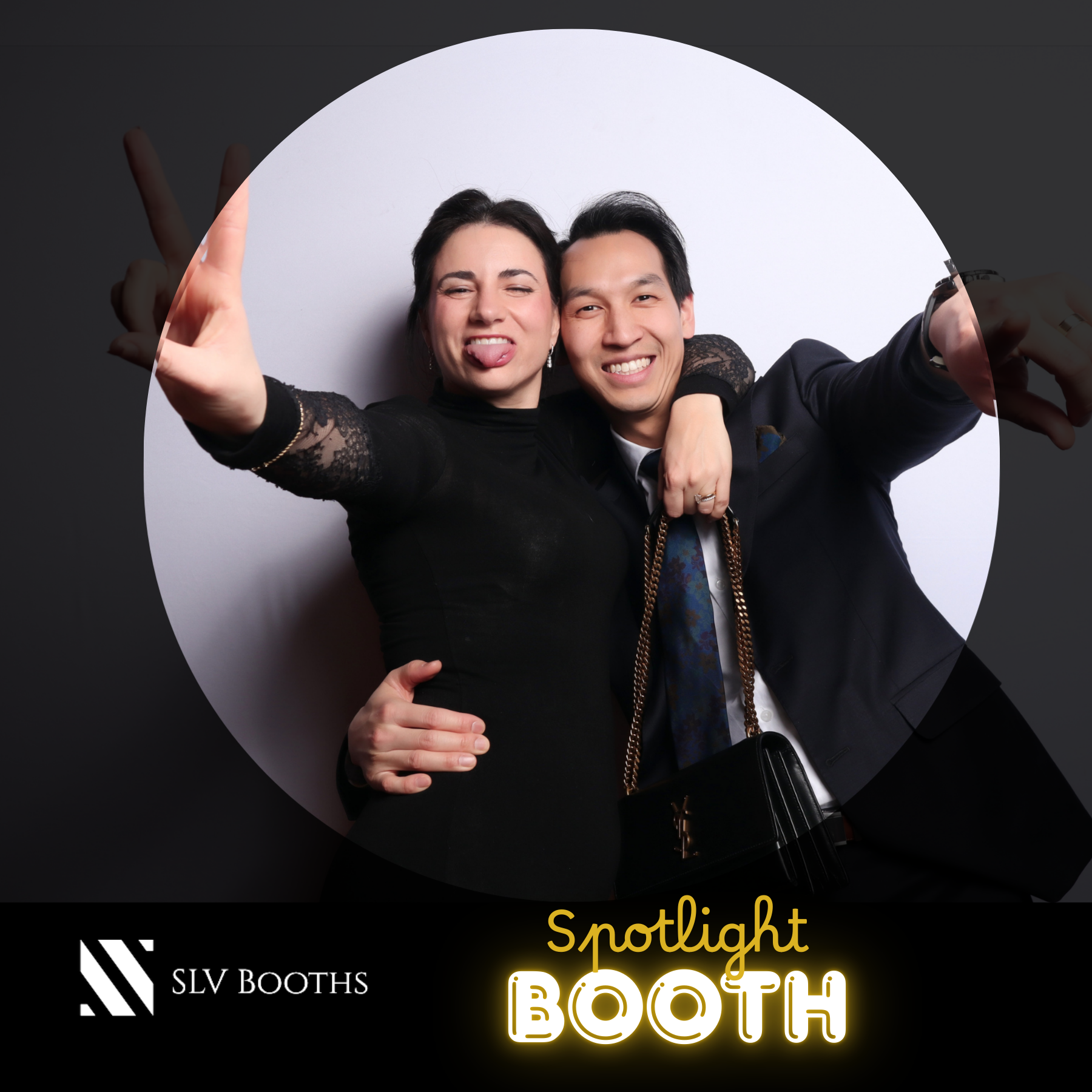 Four women dressed in glam outfits posing in black and white with oversized sunglasses and fun photo booth accessories