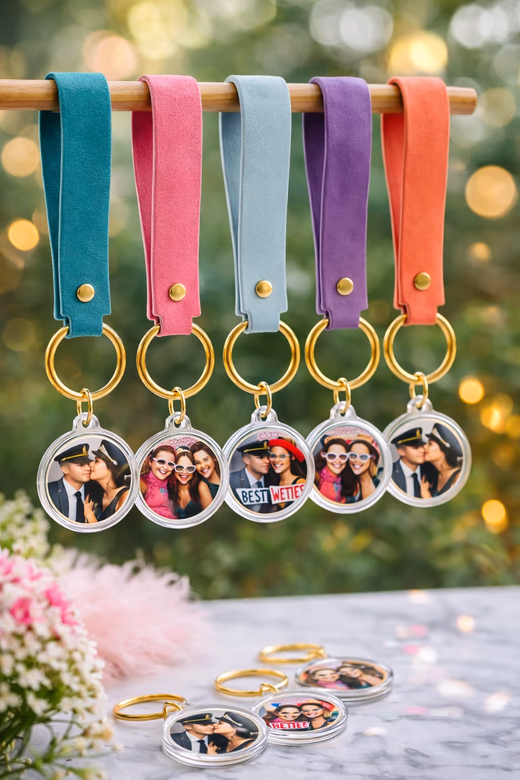 Colorful leather photo keychains hanging on a wooden rod, each with a round photo of people smiling and posing together.