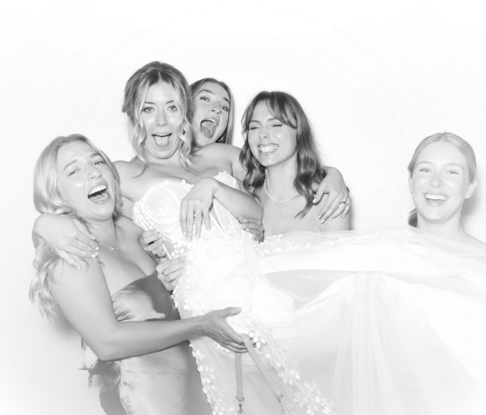 Black and white photo booth collage with multiple group shots 