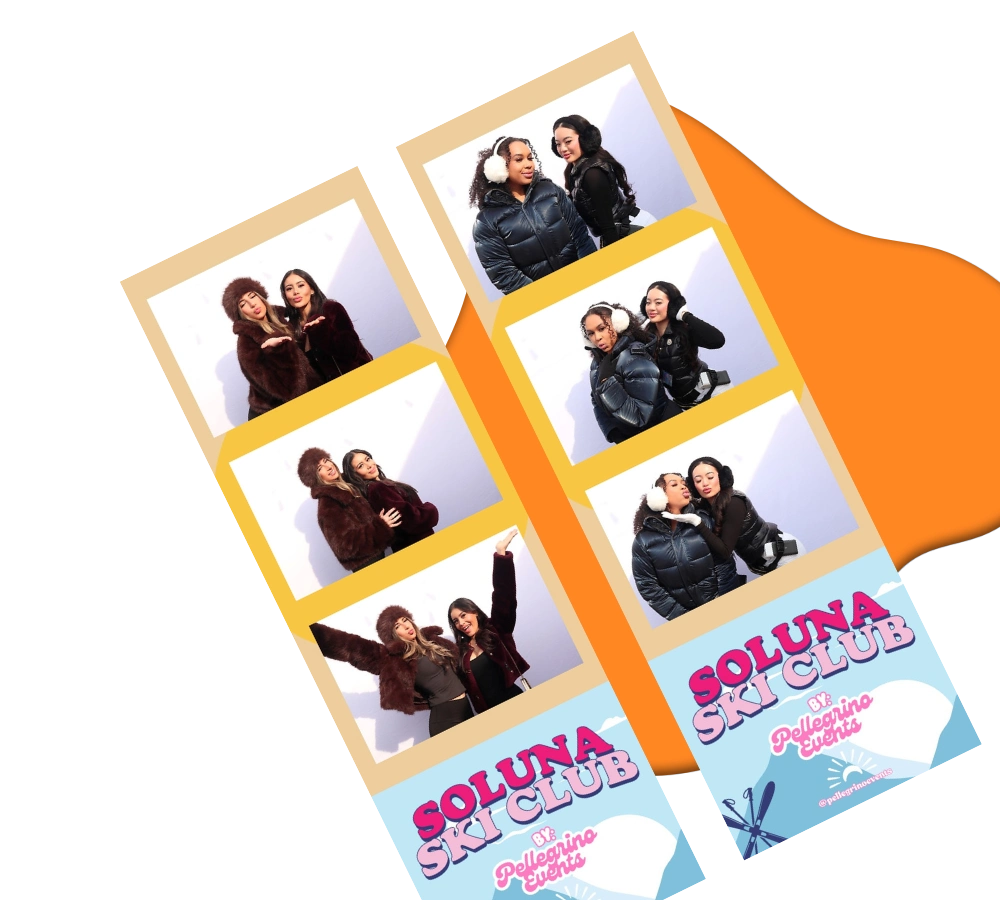 Two photo booth strips from Soluna Ski Club by Pellegrino Events showing friends in winter clothes posing and having fun.