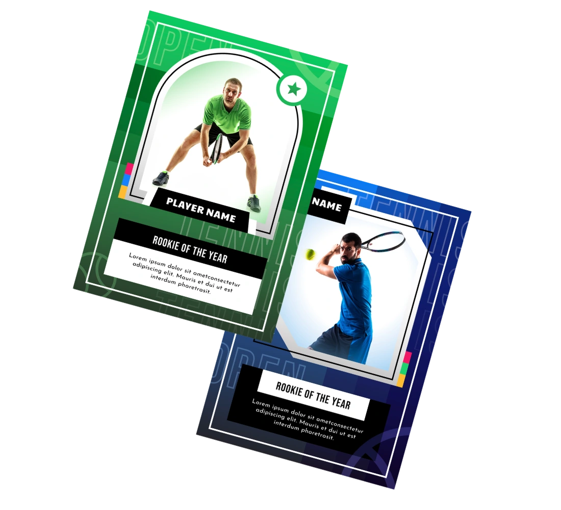 Two trading cards featuring tennis players in action with titles 'Player Name' and 'Rookie of the Year'; one card is green with a man in green preparing to hit, the other is blue with a man in blue swinging a racket at a tennis ball.