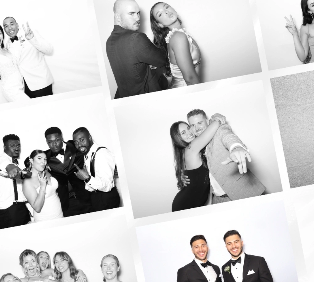 Collage of black-and-white and color photos showing groups of people dressed formally, smiling and posing playfully for the camera.