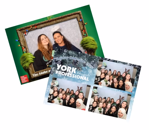 Two photos from a holiday celebration photo booth: one with two women posing inside a festive globe frame, and a collage of three photos showing a larger group of smiling people with holiday decorations.