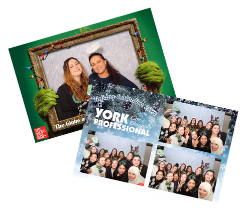 Two color photo booth strips featuring women in elegant dresses posing in front of a leafy green backdrop