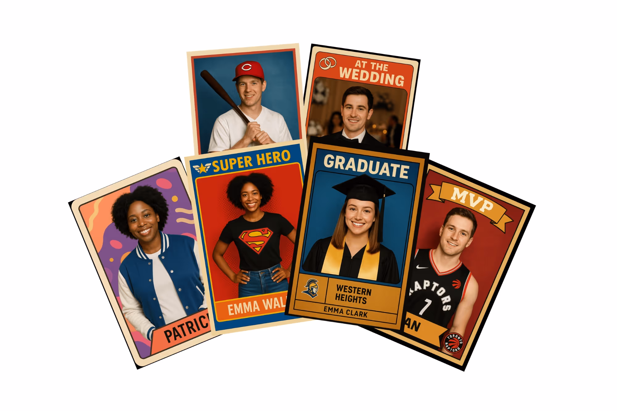 A collage of five trading cards featuring diverse individuals labeled Patrick, Emma Walker as Super Hero, a man at the wedding, Emma Clark as Graduate from Western Heights, and an MVP basketball player wearing a Raptors jersey.