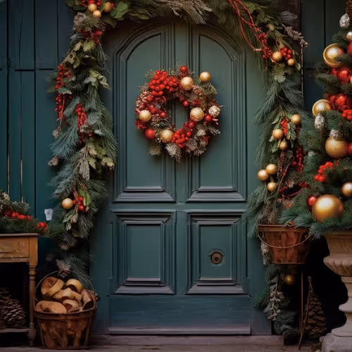 Green double door adorned with a Christmas wreath and festive garlands decorated with red berries and gold ornaments.