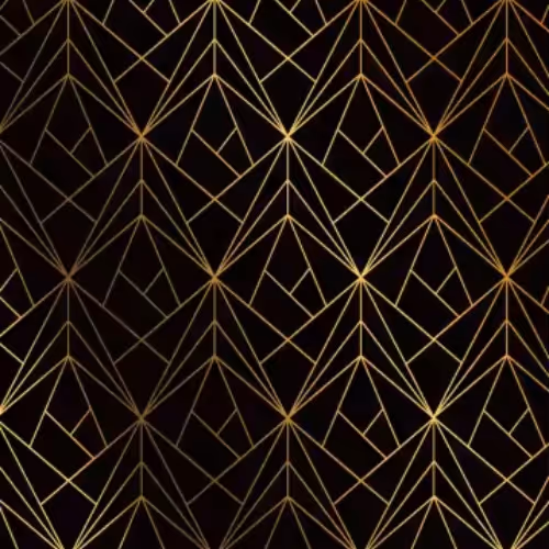 Black background with a gold geometric Art Deco pattern of intersecting lines forming chevron shapes.