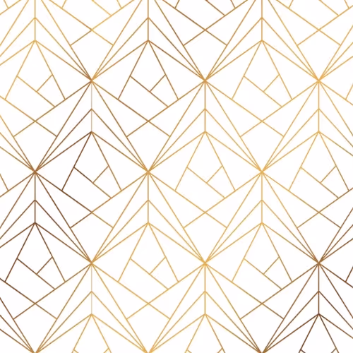 White background with a repeating geometric pattern of gold and brown Art Deco style thin lines forming diamond and triangular shapes.
