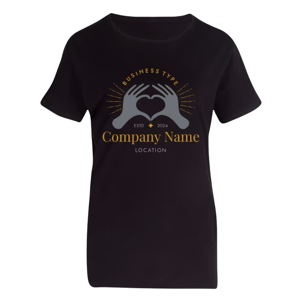 Black t-shirt with graphic of two hands forming a heart and the text 'Business Type, ESTD 2024, Company Name, Location'.
